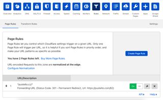Page rule for redirecting all traffic from pustelto.cz domain to pustelto.com.